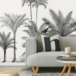 Papier peint panoramique noir et blanc motif palmiers pour déco murale chic